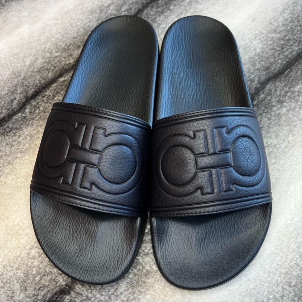 Salvatore Ferragamo Black Embossed Logo Slide Sandals